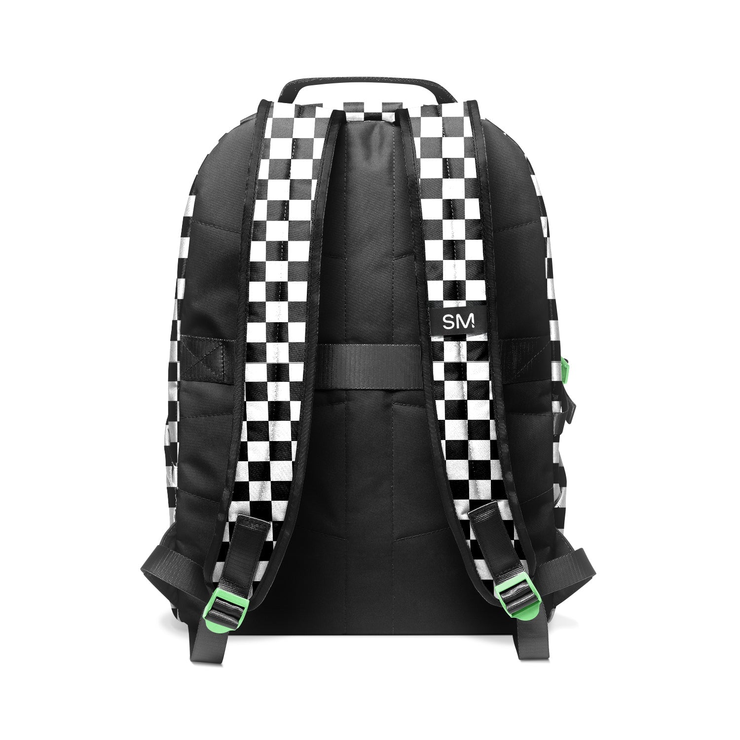 Black and white checkerboard backpack with black padded shoulder straps, neon green accents, and SM logo on back panel, shown against white background.