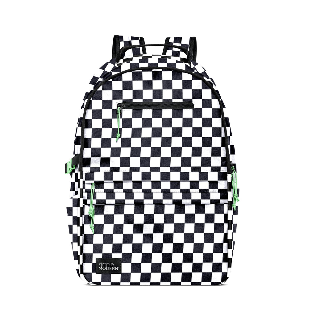 Black and white checkerboard backpack with neon green compression straps and zipper pulls