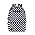 Black and white checkerboard backpack with neon green compression straps and zipper pulls