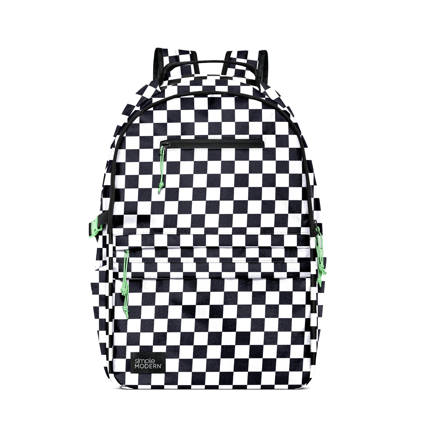 Black and white checkerboard backpack with neon green compression straps and zipper pulls
