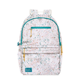 Light pink speckled backpack with teal, turquoise, coral, gold, orange, navy blue, and multicolored flecks scattered throughout the design.