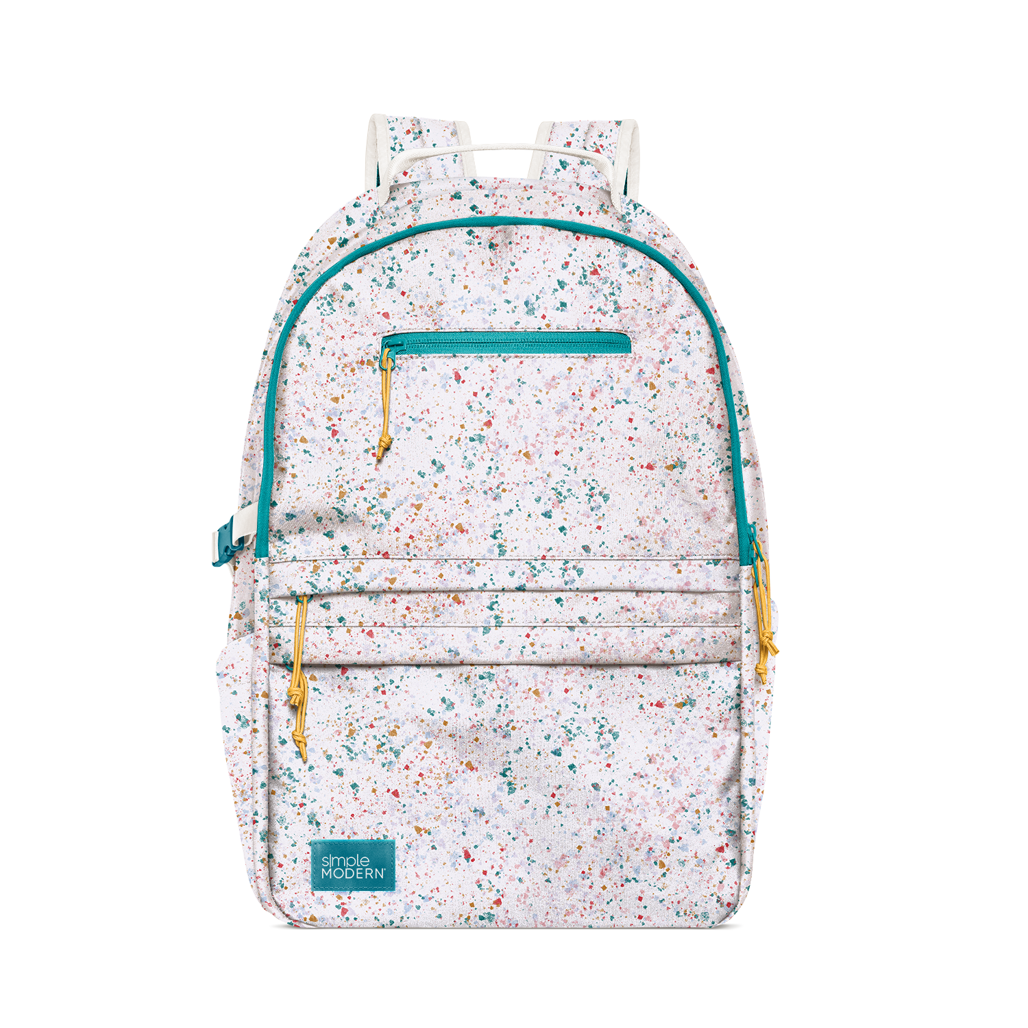 Light pink speckled backpack with teal, turquoise, coral, gold, orange, navy blue, and multicolored flecks scattered throughout the design.