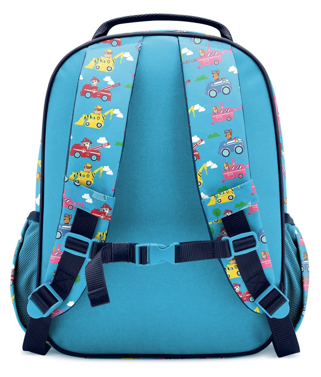 Fletcher Kids' Backpack in Medium, sky blue with navy blue straps and trim, displayed from rear view showing padded back panel and shoulder straps against white background