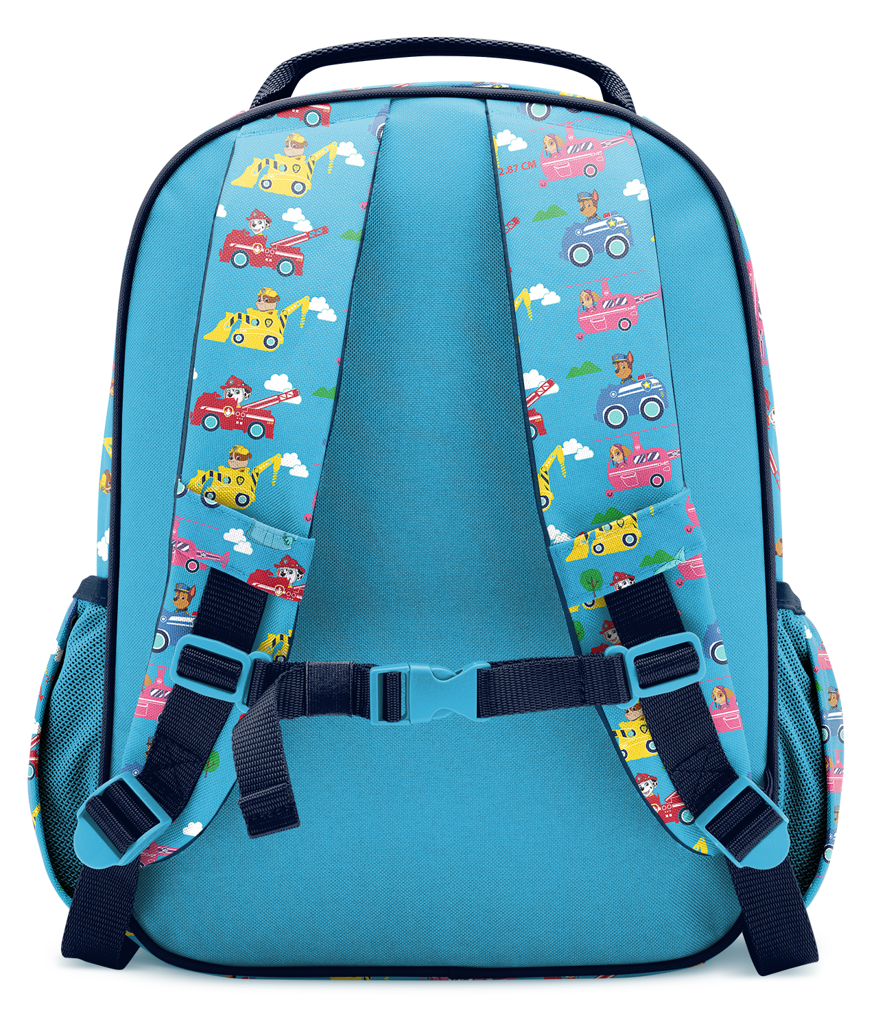 Fletcher Kids' Backpack in Medium, sky blue with navy blue straps and trim, displayed from rear view showing padded back panel and shoulder straps against white background