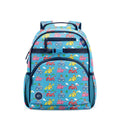Turquoise children's backpack with colorful vehicle print featuring fire trucks, construction vehicles, and police cars. Navy straps, mesh pockets, and Simple Modern logo patch. Studio product photo on white background.