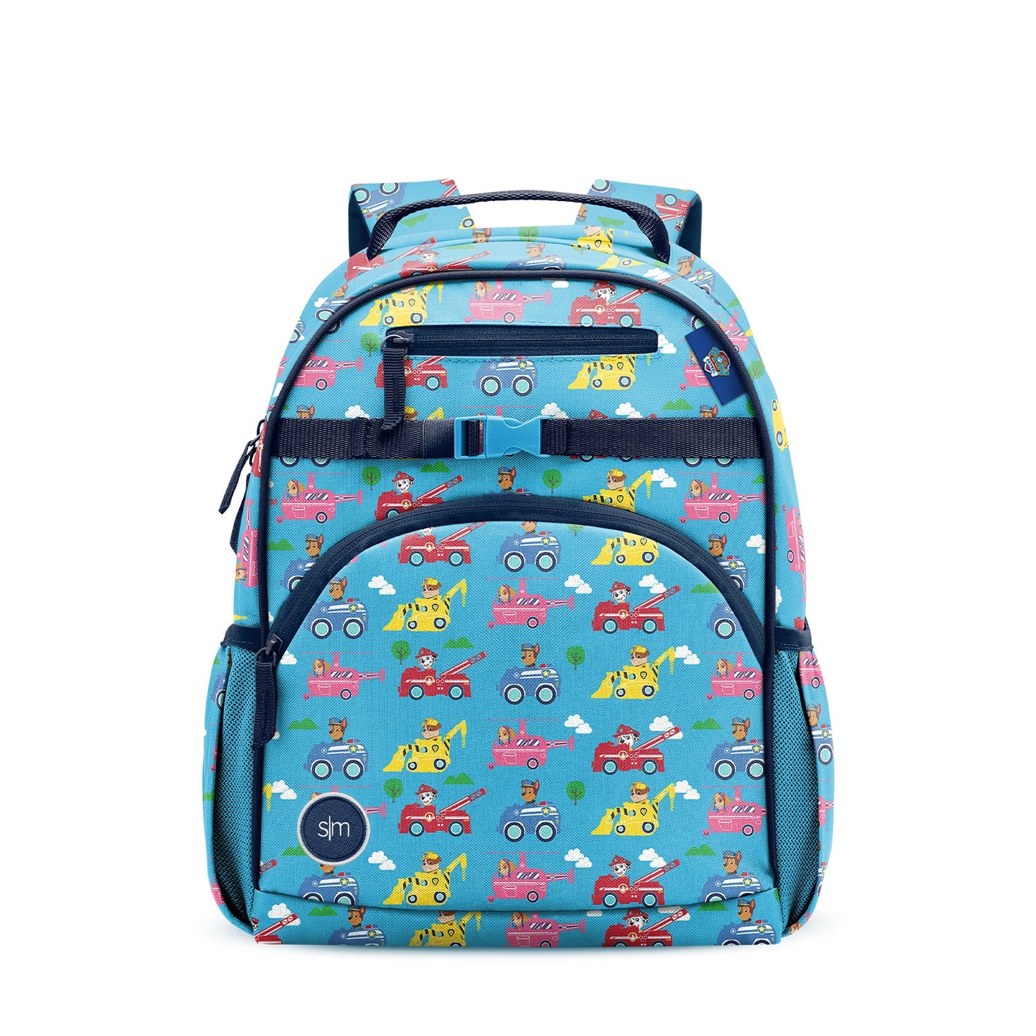 Turquoise children's backpack with colorful vehicle print featuring fire trucks, construction vehicles, and police cars. Navy straps, mesh pockets, and Simple Modern logo patch. Studio product photo on white background.