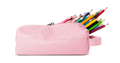 Soft pink pencil case with rainbow-colored pencils on white background