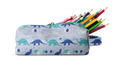 Light gray pencil case with turquoise and navy blue pattern, filled with colored pencils in pink, magenta, and other vibrant colors.