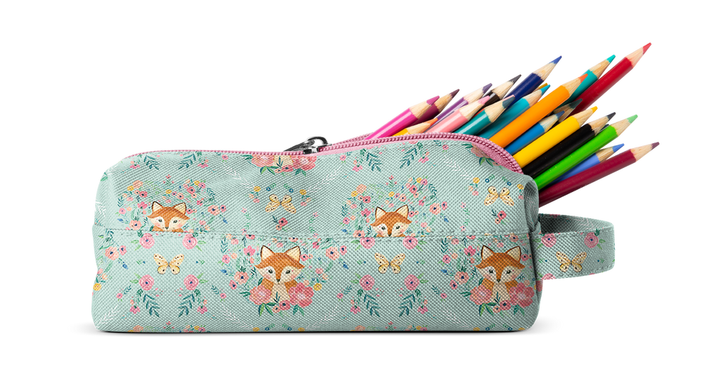 Soft sage green pencil case with colorful floral and animal print accents in coral pink, teal, orange, and navy blue