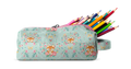 Soft sage green pencil case with colorful floral and animal print accents in coral pink, teal, orange, and navy blue