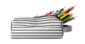 Light gray pencil case with horizontal black stripes containing vibrant rainbow-colored pencils including pink and other spectrum colors