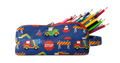 Navy blue pencil case with colorful construction-themed design featuring red, orange, yellow, green, cyan, and purple accents