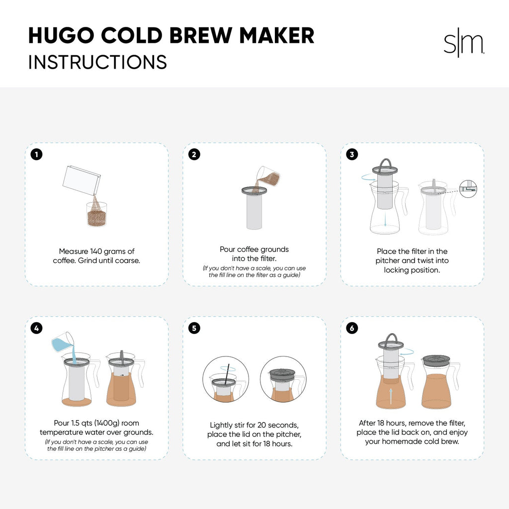 Hugo cold brew coffee instruction guide with minimalist design showing white and light gray background, warm tan and brown tones representing coffee grounds and brewed coffee