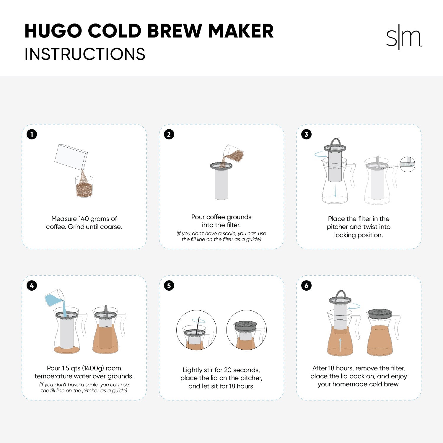 Hugo cold brew coffee instruction guide with minimalist design showing white and light gray background, warm tan and brown tones representing coffee grounds and brewed coffee