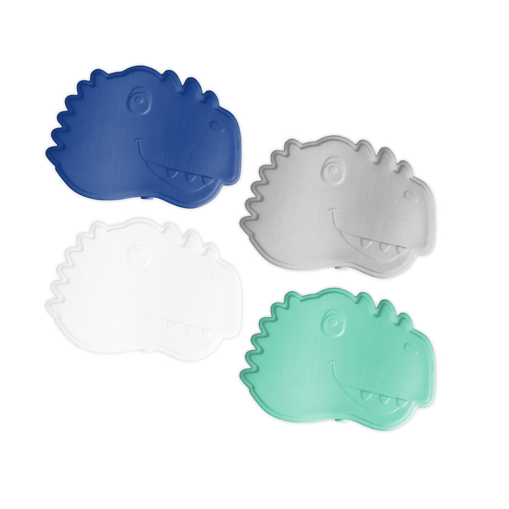 Four dinosaur-shaped plates arranged in a composition featuring royal blue, white, and gray colors.