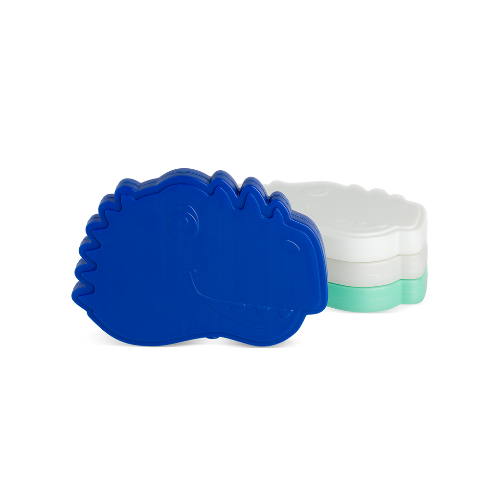 Vibrant royal blue dinosaur character figure against a white background with soft mint green accents, displayed from a front-facing angle.
