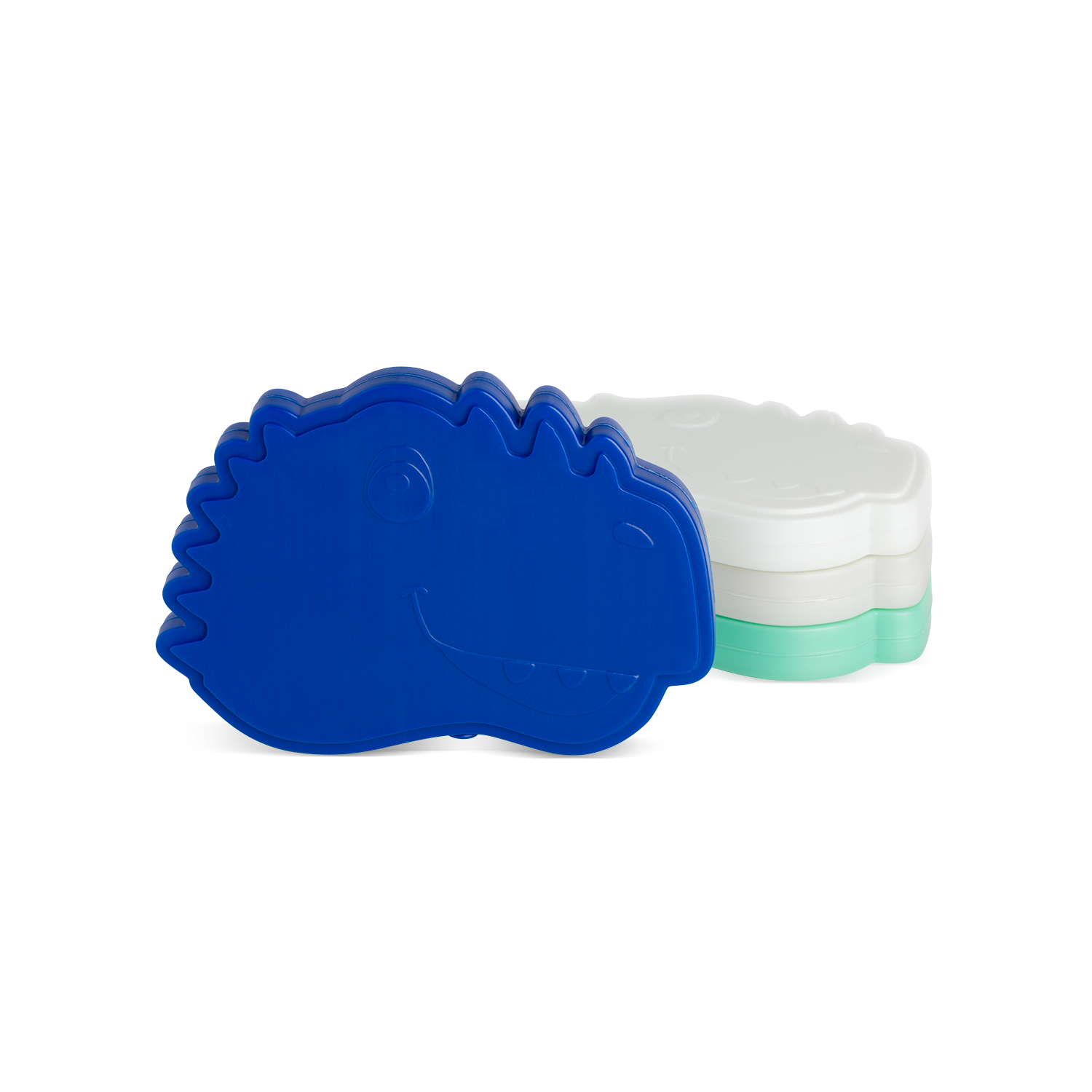 Vibrant royal blue dinosaur character figure against a white background with soft mint green accents, displayed from a front-facing angle.