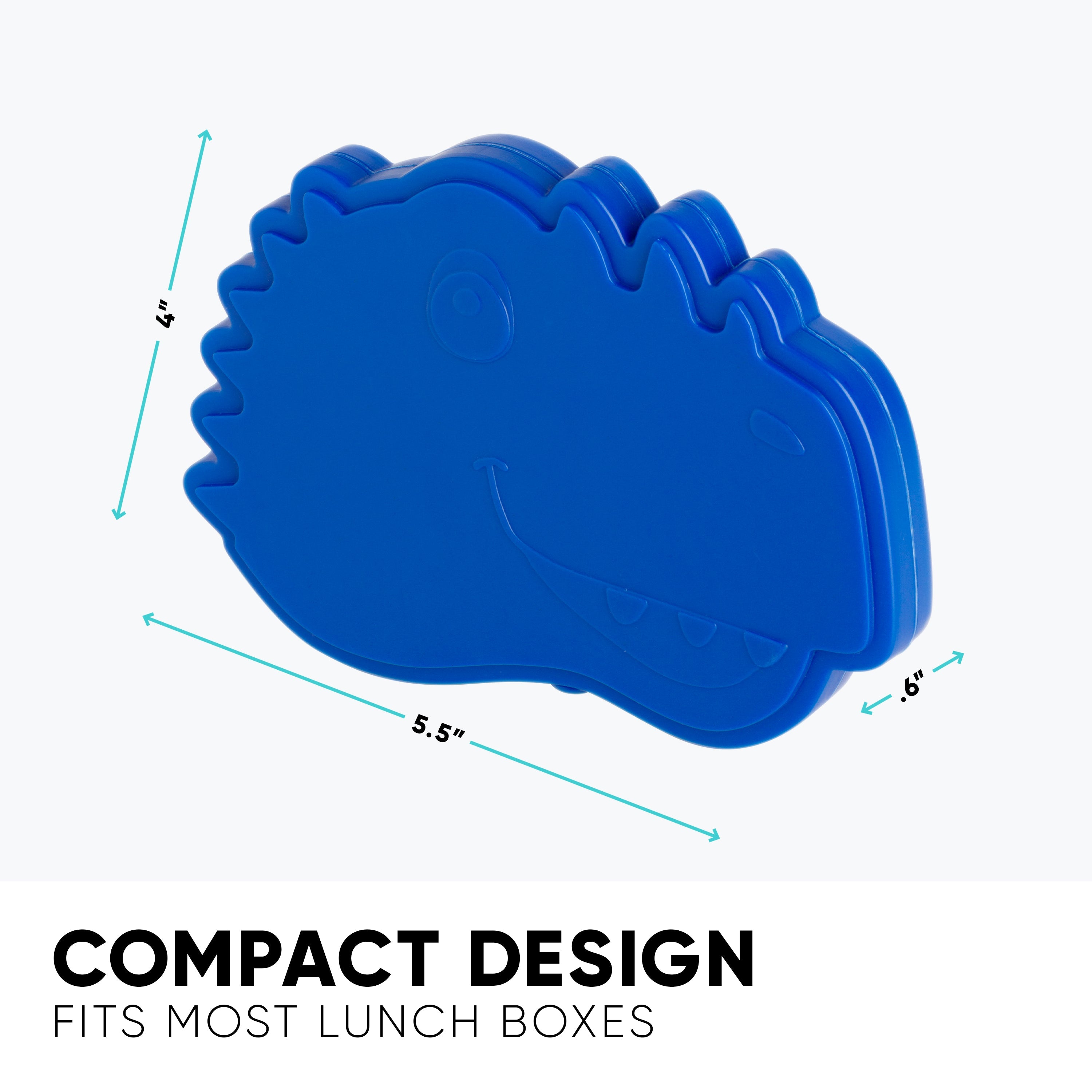 Vibrant cobalt blue dinosaur toy set with measurement arrows on light gray background, showing dimensions with cyan turquoise indicators