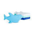 Four stackable shark-shaped ice cube trays in sky blue, mint green, white, and navy blue arranged against a white background.