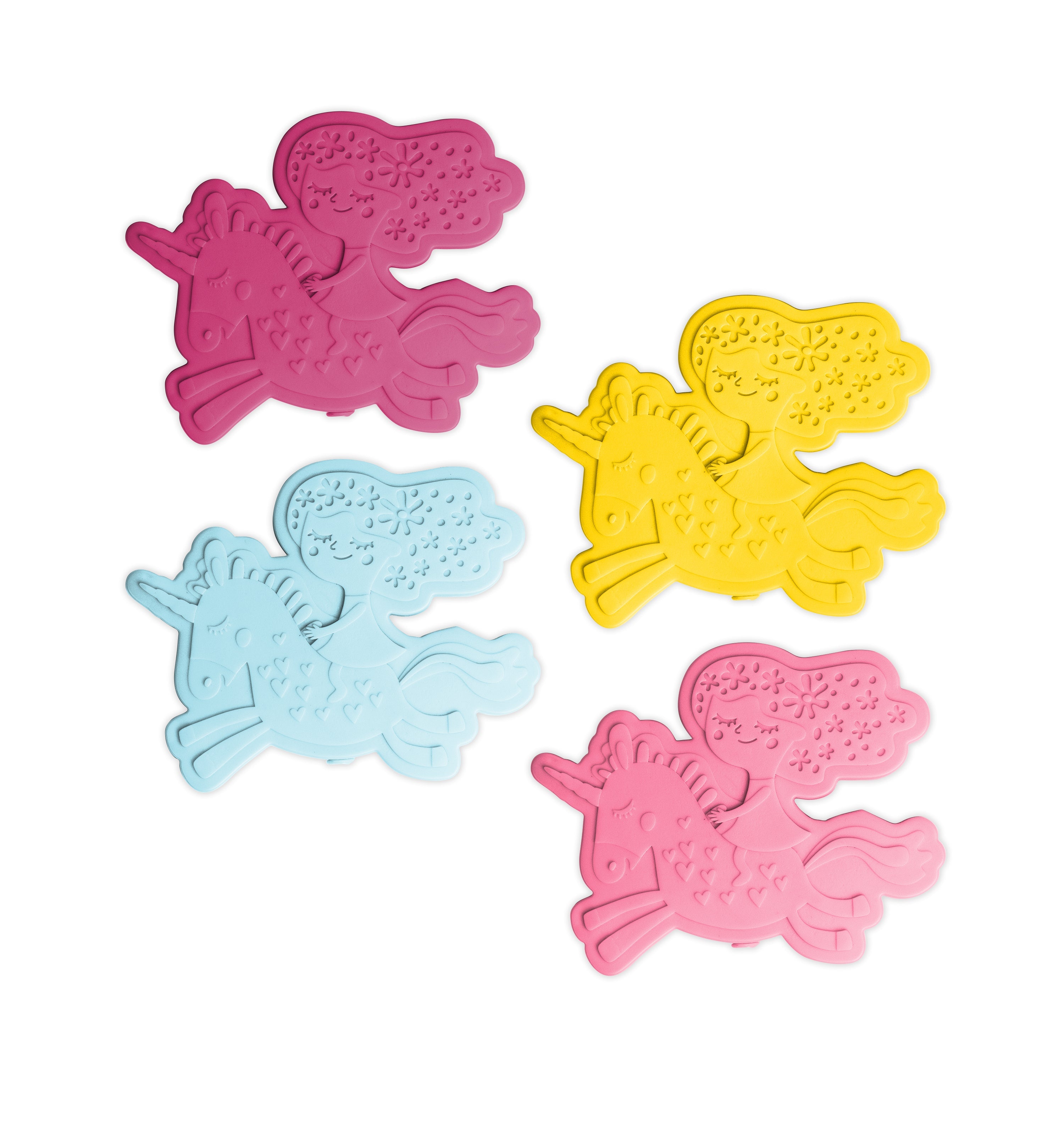 Colorful children's furniture set featuring magenta pink, light blue, and yellow pieces arranged together, including chairs and tables in bright, playful tones.