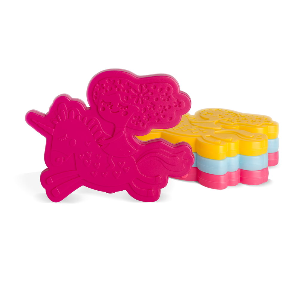 Vibrant product design featuring hot pink magenta as the primary color, with bright yellow, light blue, and coral accents throughout the composition.