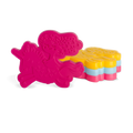 Vibrant product design featuring hot pink magenta as the primary color, with bright yellow, light blue, and coral accents throughout the composition.