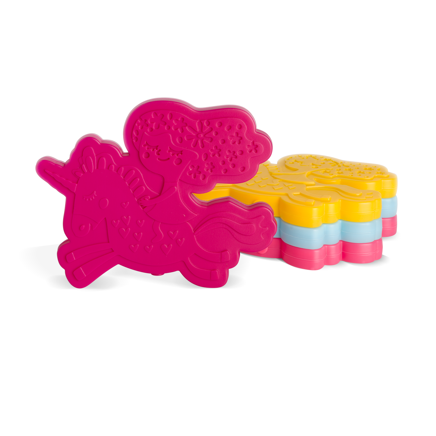 Vibrant product design featuring hot pink magenta as the primary color, with bright yellow, light blue, and coral accents throughout the composition.