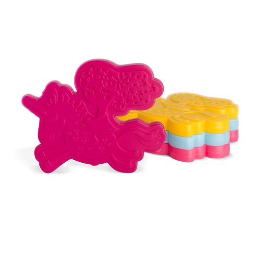 Vibrant product design featuring hot pink magenta as the primary color, with bright yellow, light blue, and coral accents throughout the composition.