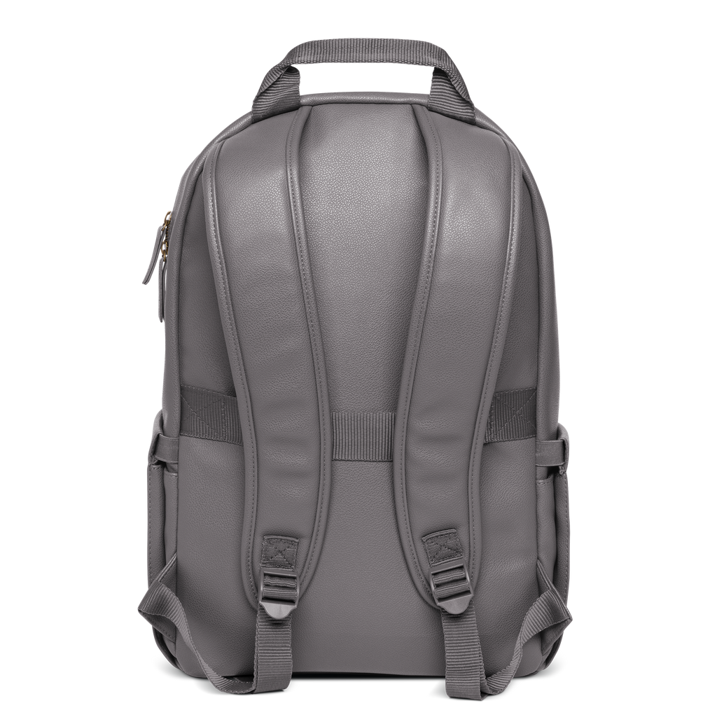 Gray backpack with darker charcoal gray straps and hardware on white background.