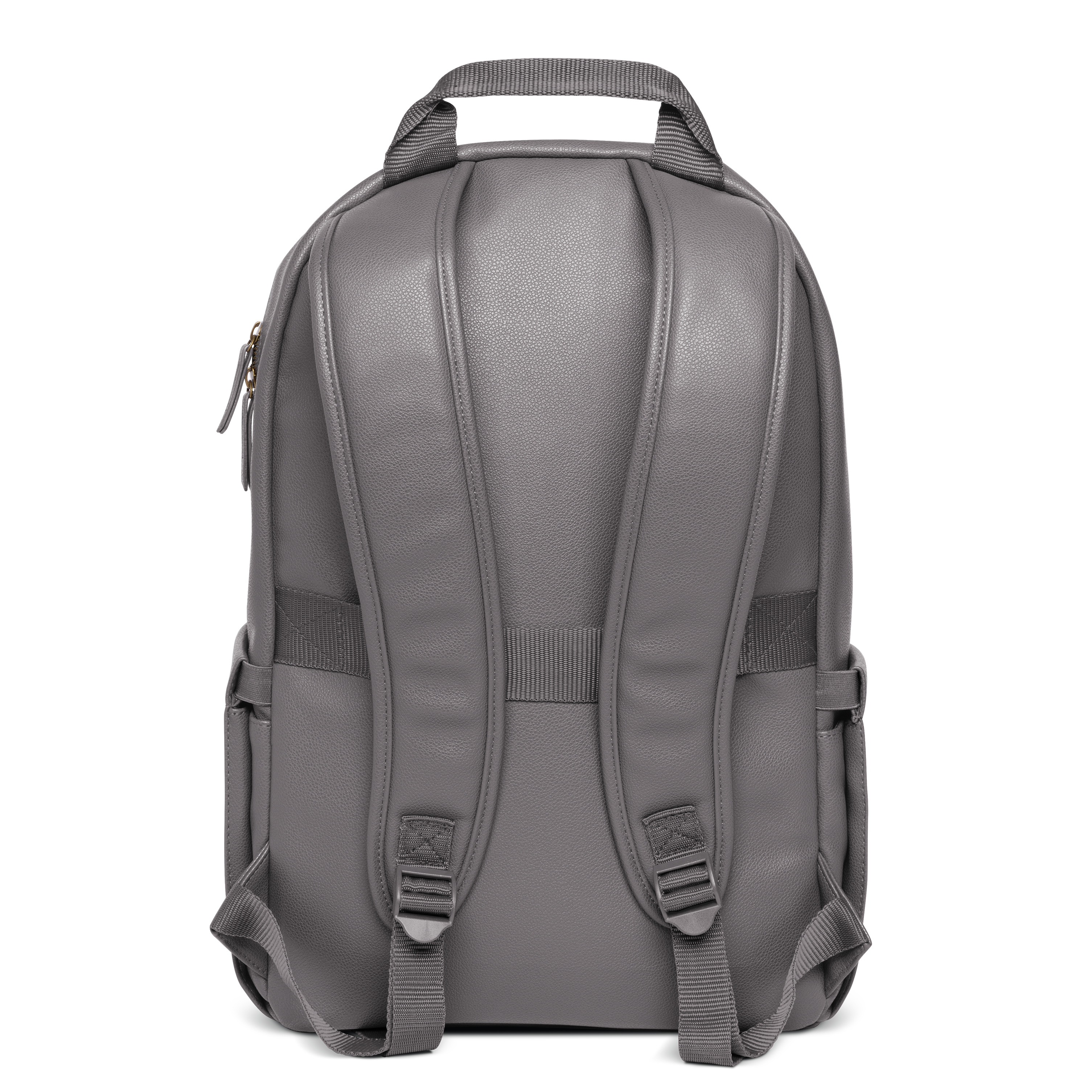 Gray backpack with darker charcoal gray straps and hardware on white background.