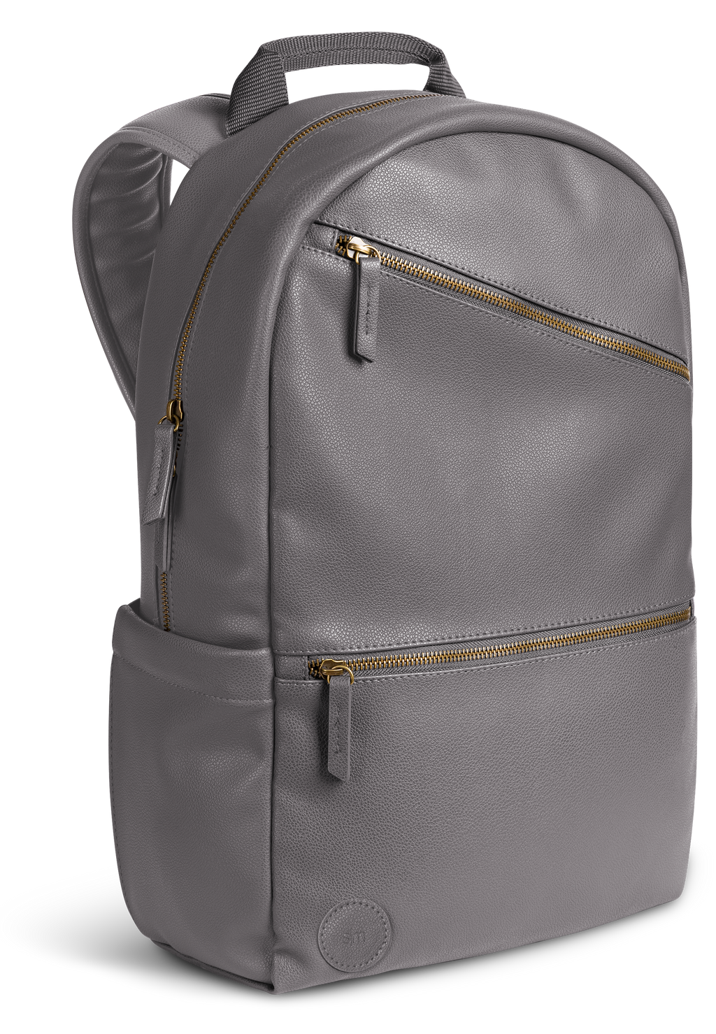 Gray backpack with gold-tone metal hardware and zippers, shown from the front view.