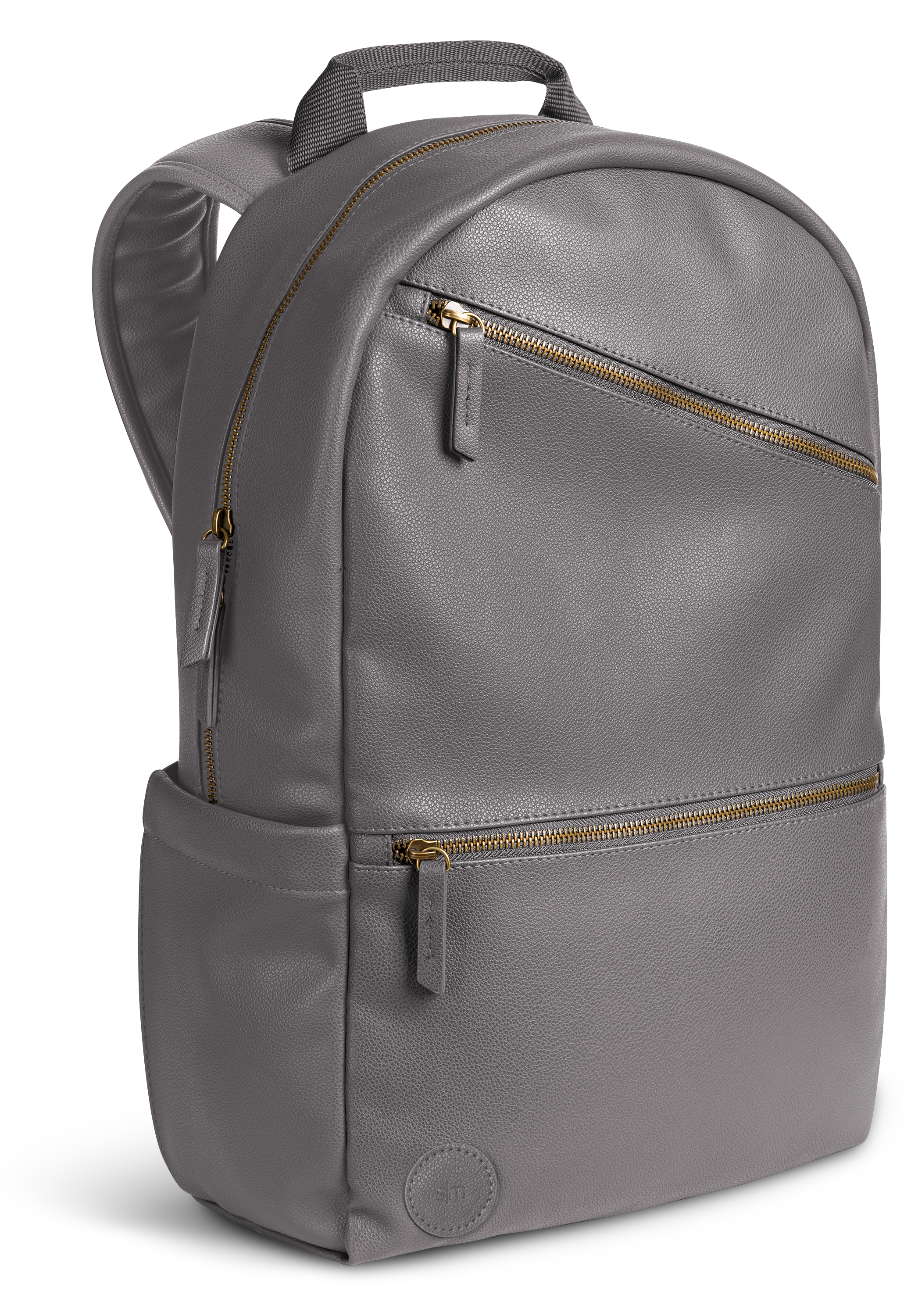 Gray backpack with gold-tone metal hardware and zippers, shown from the front view.