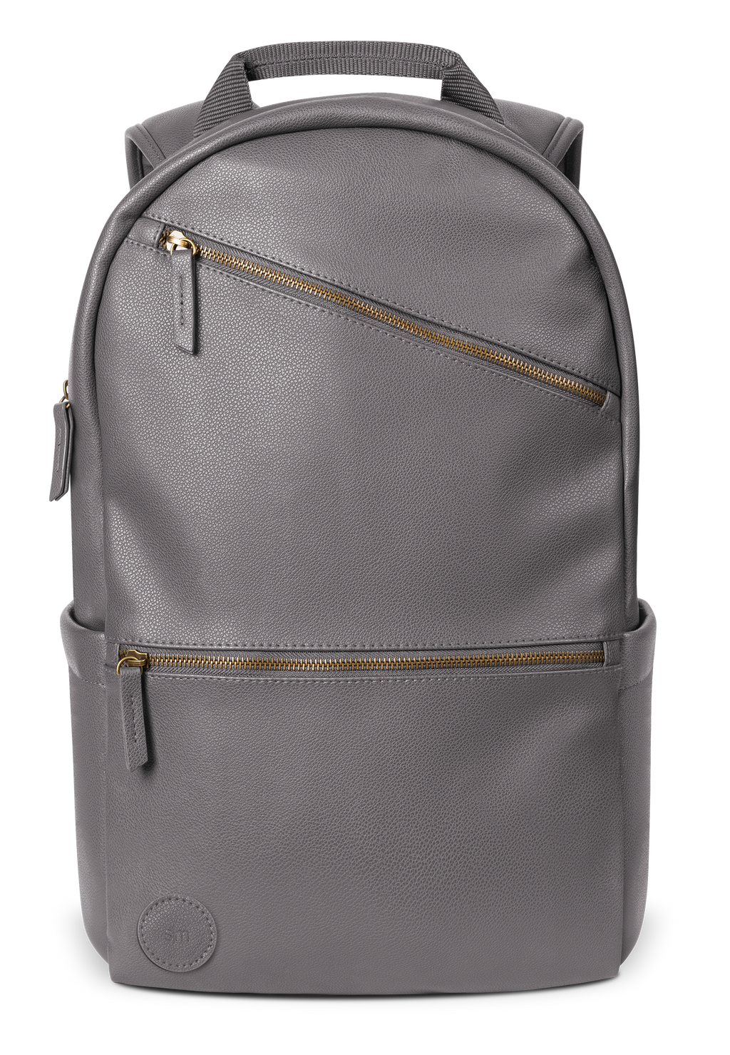 Gray canvas backpack with gold-toned metal hardware and zippers