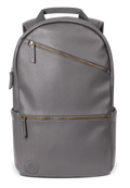 Gray canvas backpack with gold-toned metal hardware and zippers