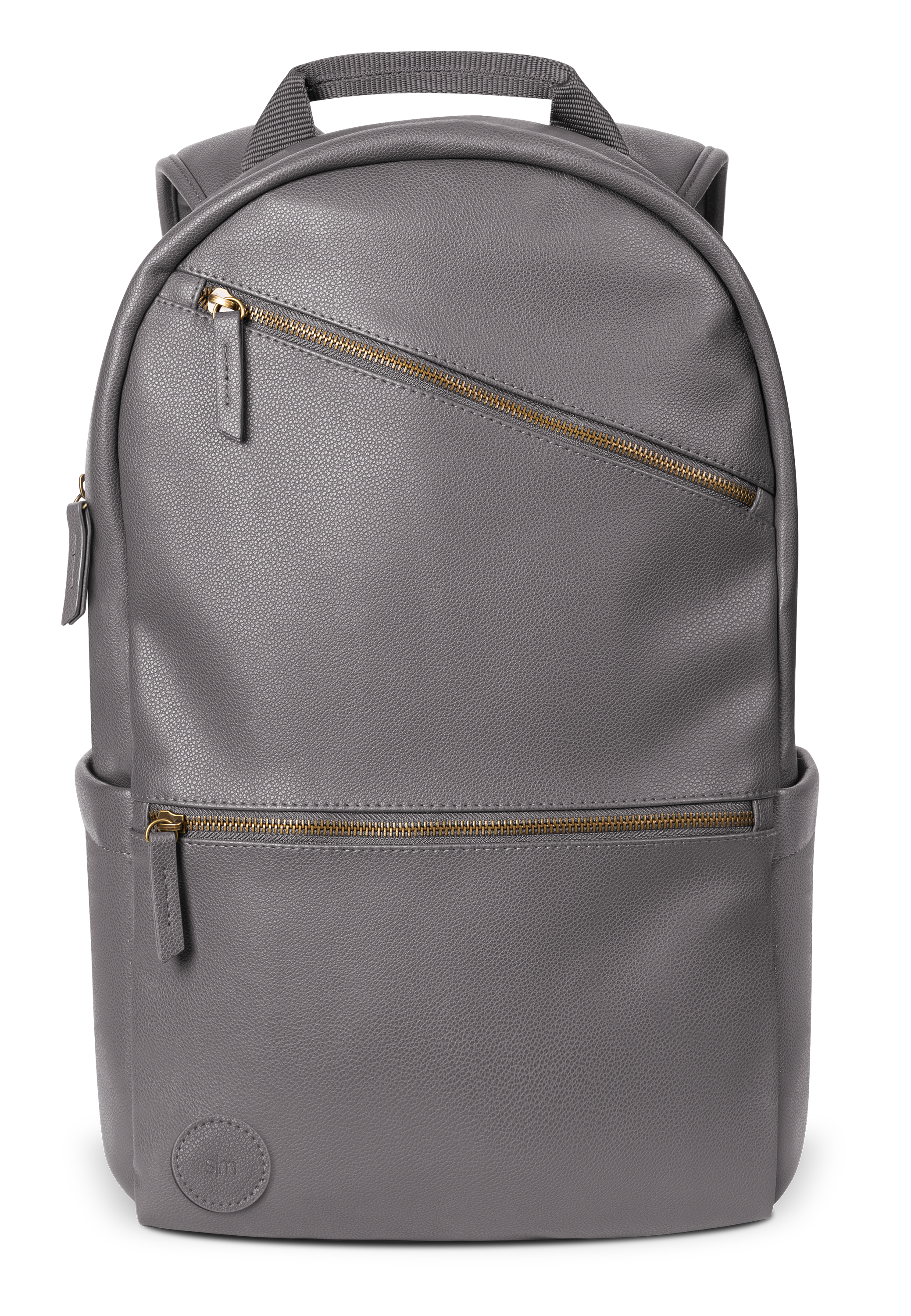 Gray canvas backpack with gold-toned metal hardware and zippers