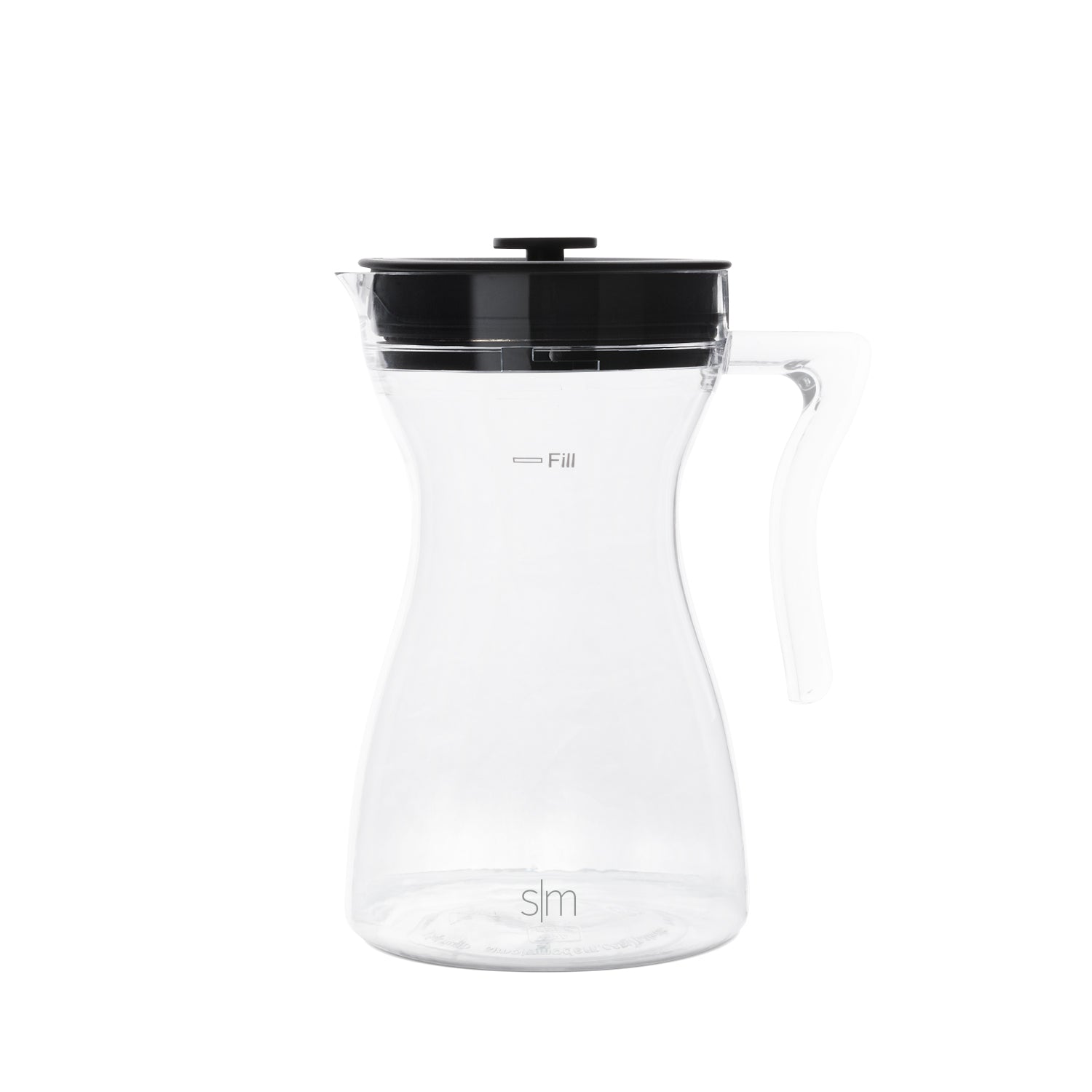 Clear glass pitcher with black handle and spout on white background