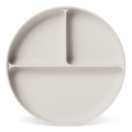 Cream-colored divided plate with three compartments and subtle gray shadows, minimalist design for serving food portions