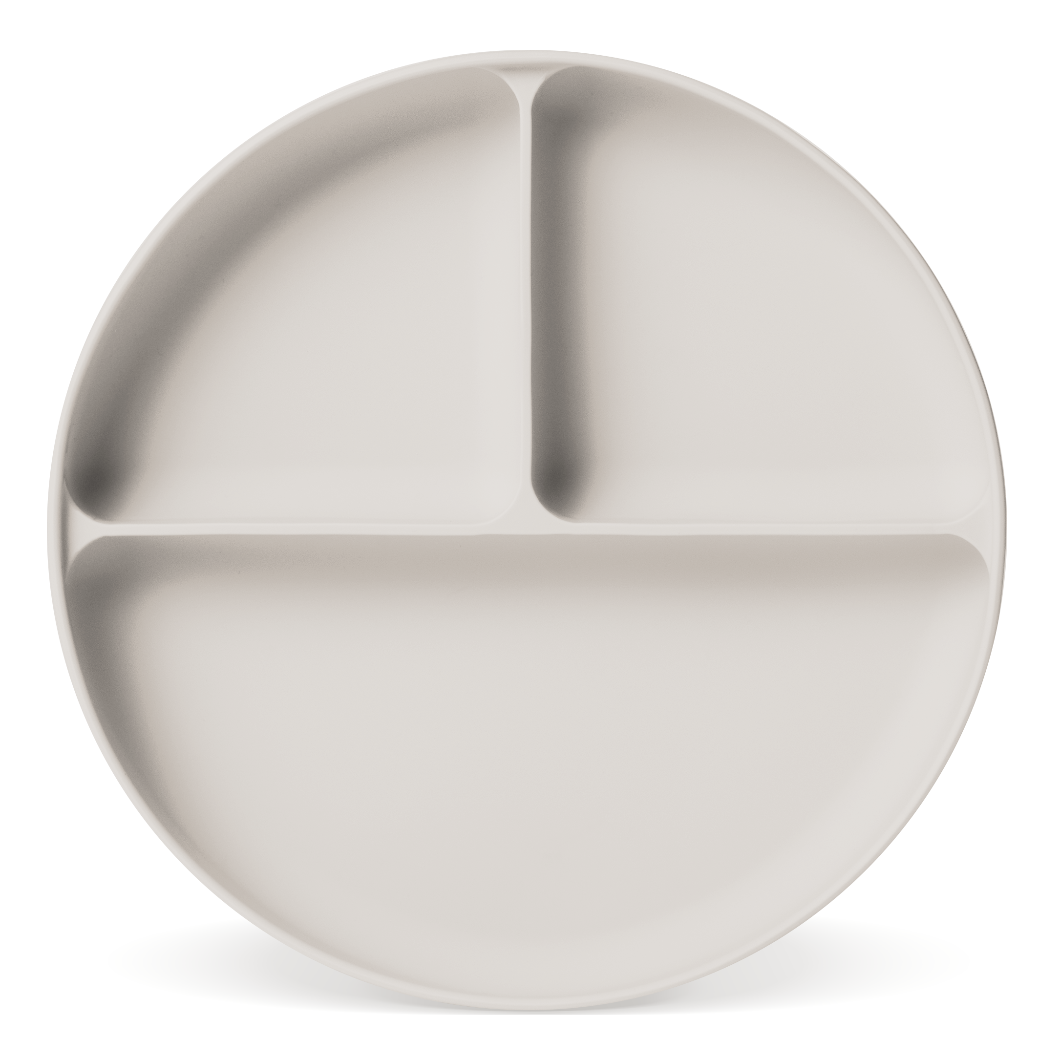 Cream-colored divided plate with three compartments and subtle gray shadows, minimalist design for serving food portions