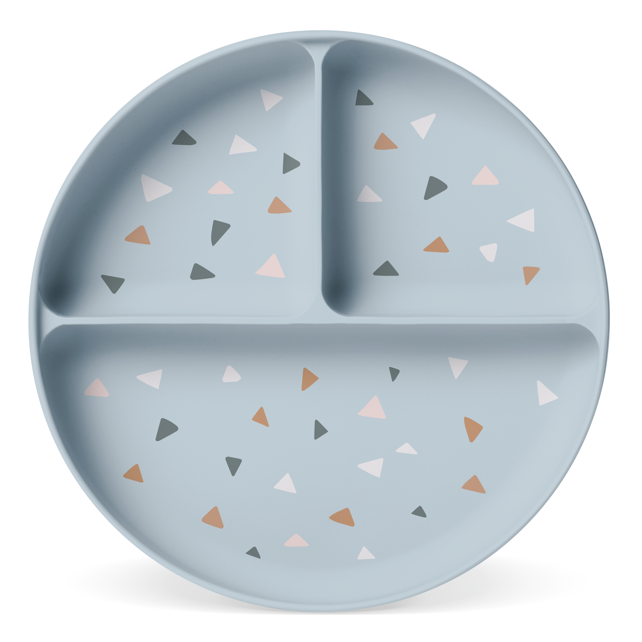 Soft blue-gray decorative plate with small triangle shapes in pale pink, terracotta, charcoal gray, and cream accents