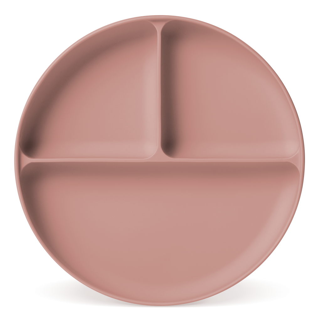Soft dusty rose-pink ceramic plate with muted warm undertones and subtle gradient shading creating dimensional depth across the surface.