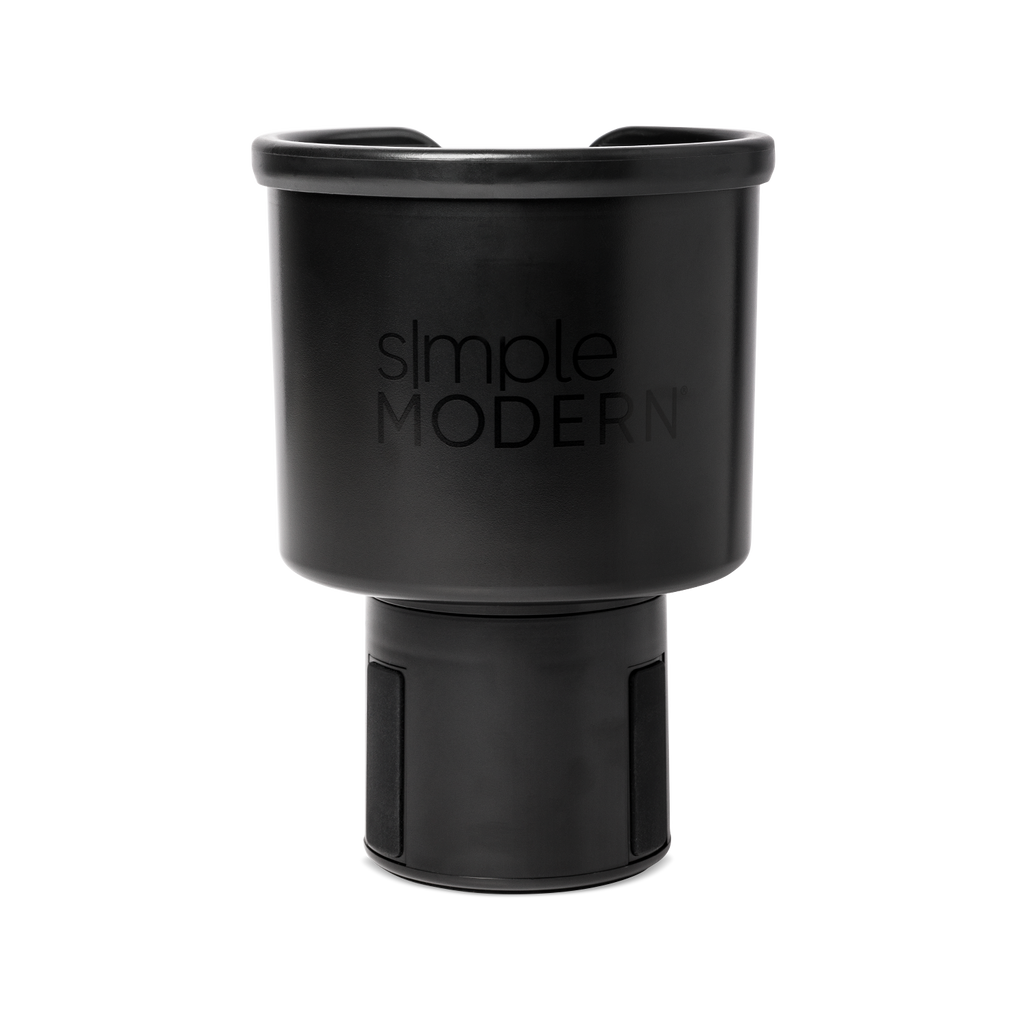 Black insulated travel mug with glossy rim and matte finish body, front view