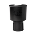 Black insulated travel mug with glossy rim and matte finish body, front view