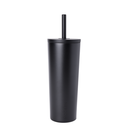 Matte black reusable cup with matching black straw on white background