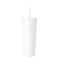 White insulated tumbler with integrated straw and flat lid on white background