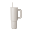 Beige signature tumbler with handle and straw on neutral background