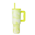 Lime green and white tie-dye pattern tumbler with neon green bold blocks and organic shapes on cream background