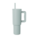 Sage green signature tumbler with handle and reusable straw, displayed on white background. Modern drinkware design with soft muted color and cylindrical shape.