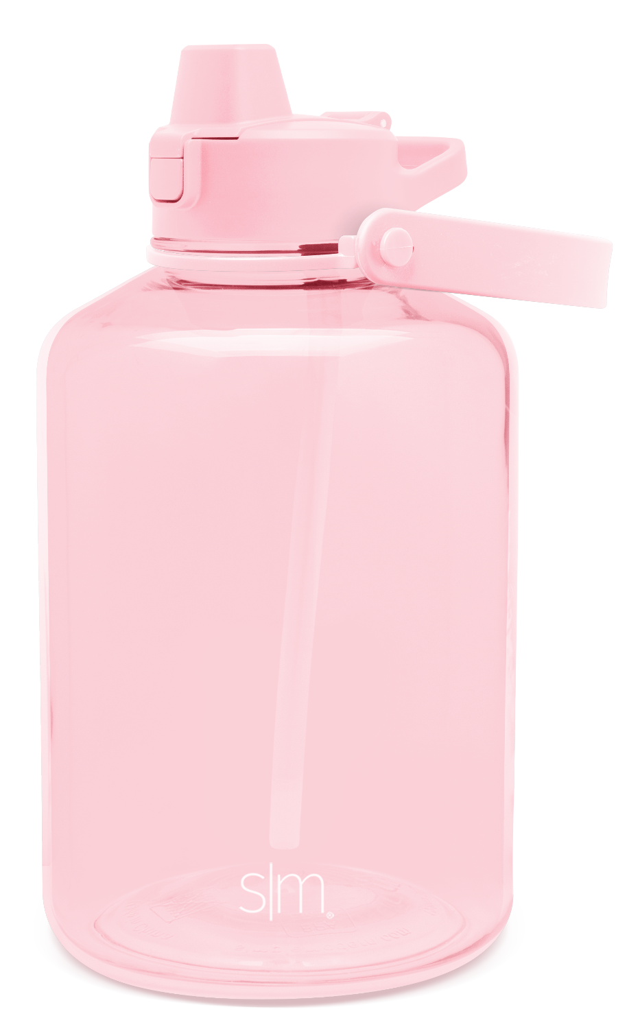 Light pink water bottle with cap and handle on white background