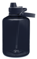 Deep navy blue water bottle with flip-top lid, featuring reflective accents on a dark colored container and cap design.