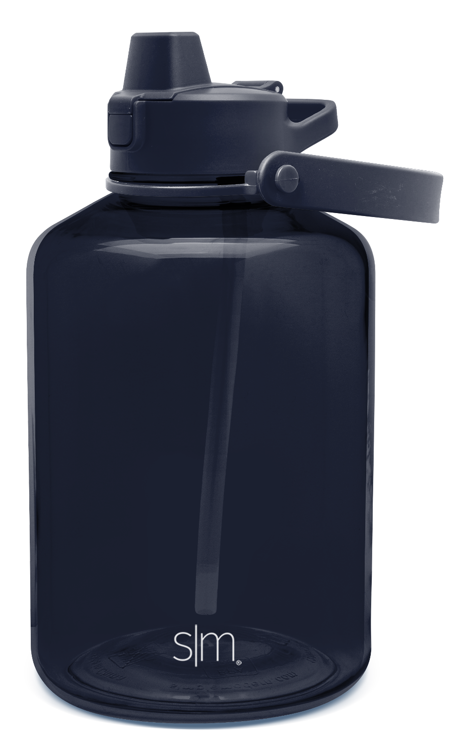 Deep navy blue water bottle with flip-top lid, featuring reflective accents on a dark colored container and cap design.
